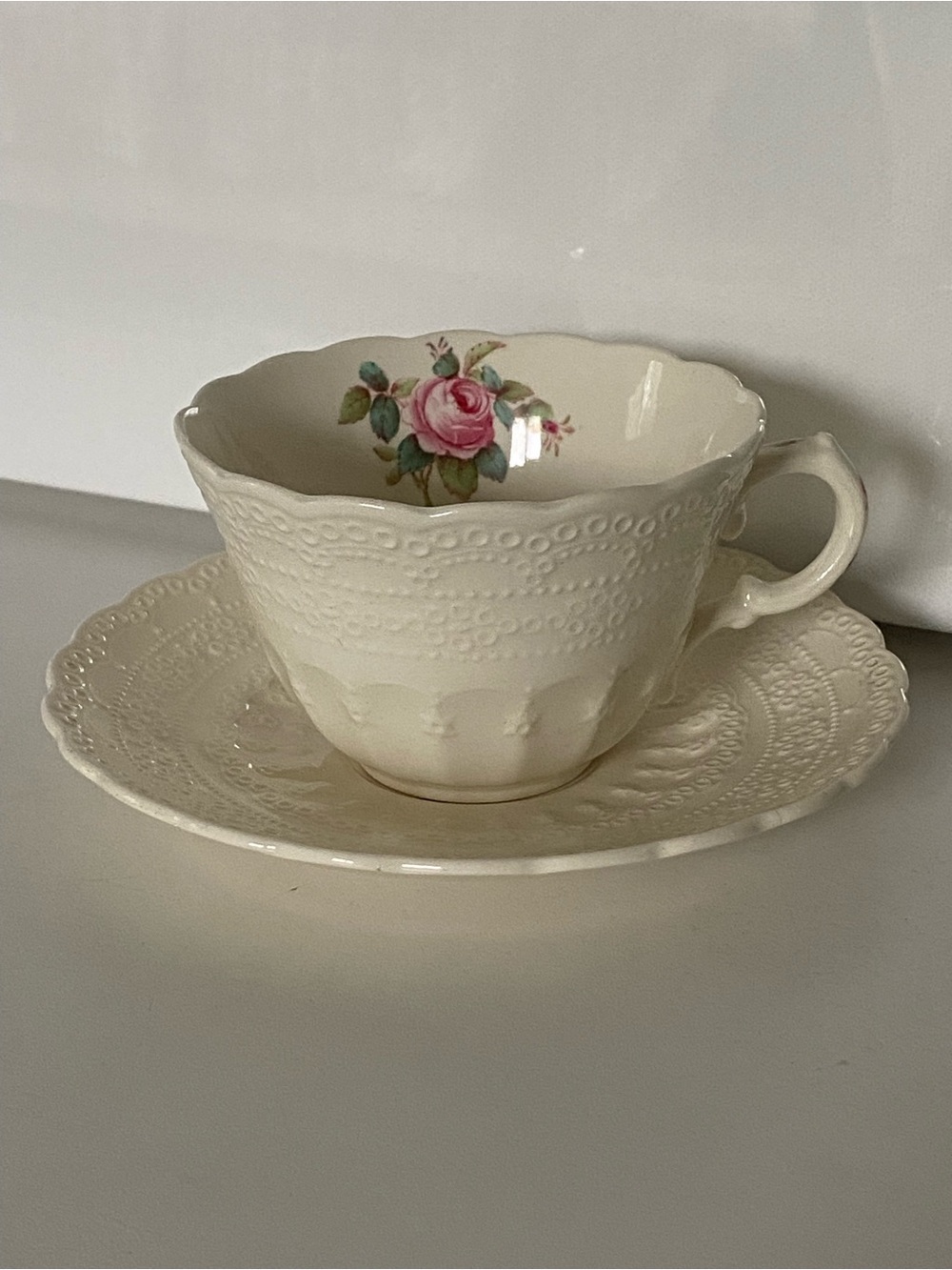 Spode’s Jewel Billingsley Rose Cup And Saucer Lace Pattern Floral White Pink EUC